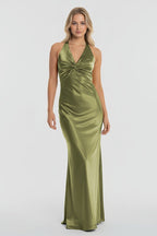 Turquoise Halter V-Neck Pleated Satin Sleeveless Long Wedding Guest Dress - Curvevia