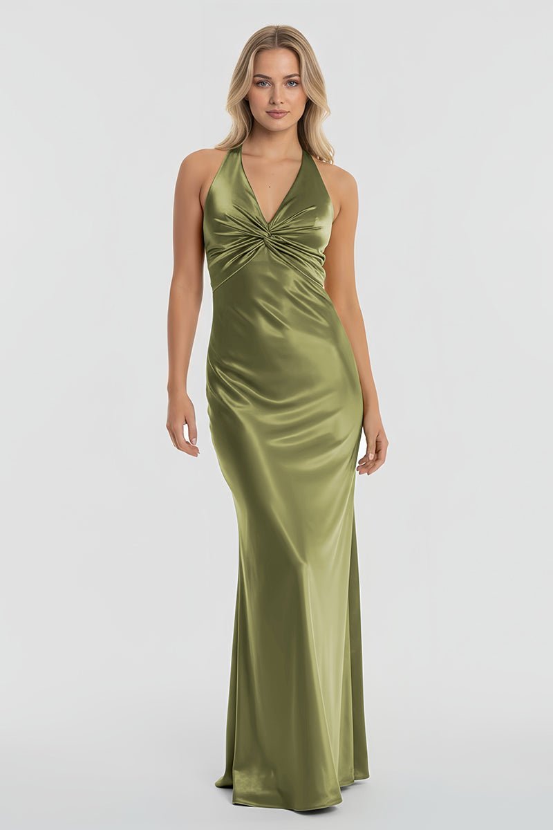 Turquoise Halter V-Neck Pleated Satin Sleeveless Long Wedding Guest Dress - Curvevia