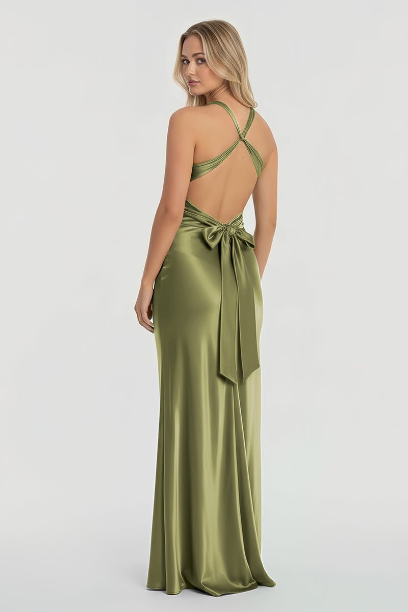 Turquoise Halter V-Neck Pleated Satin Sleeveless Long Wedding Guest Dress - Curvevia