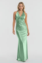 Turquoise Halter V-Neck Pleated Satin Sleeveless Long Wedding Guest Dress - Curvevia