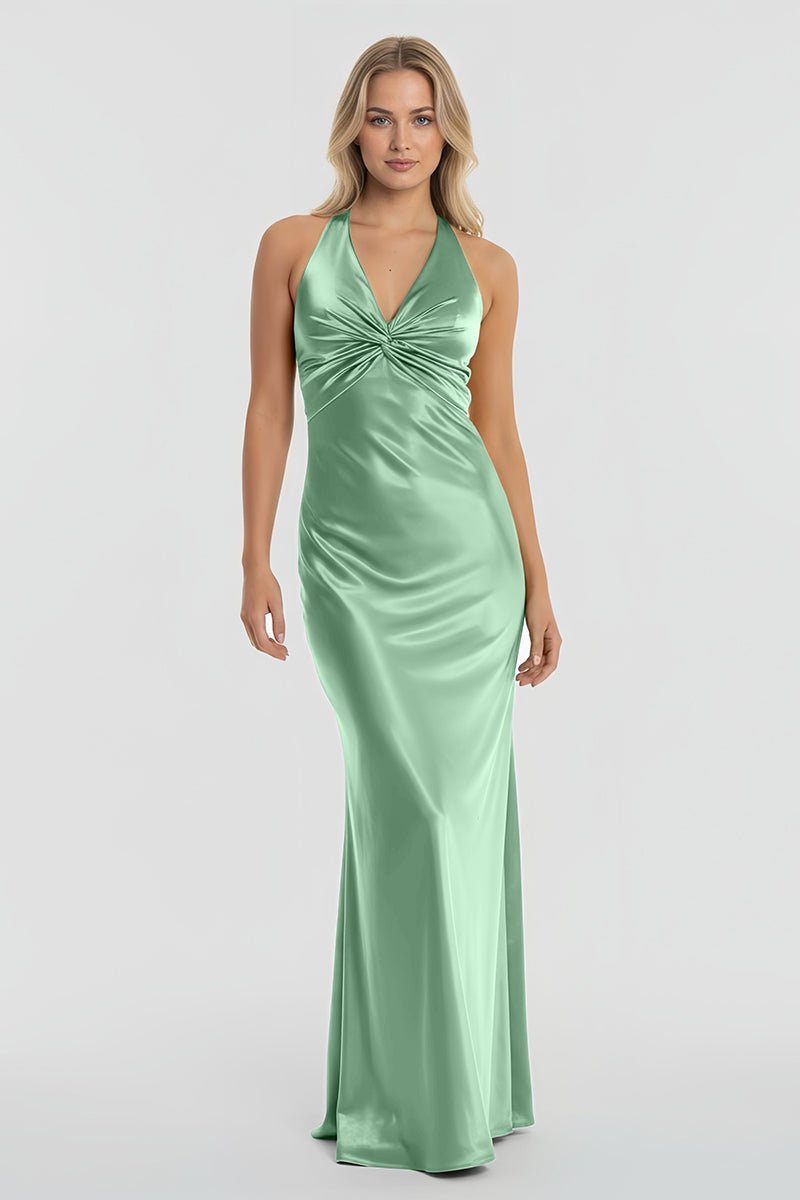 Turquoise Halter V-Neck Pleated Satin Sleeveless Long Wedding Guest Dress - Curvevia