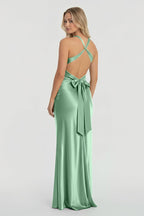 Turquoise Halter V-Neck Pleated Satin Sleeveless Long Wedding Guest Dress - Curvevia