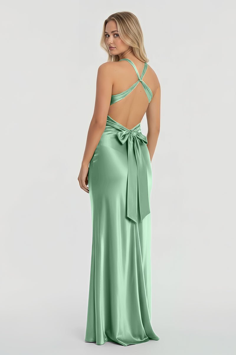Turquoise Halter V-Neck Pleated Satin Sleeveless Long Wedding Guest Dress - Curvevia