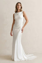 Bateau Neck Satin Mermaid Wedding Dress in White - Curvevia