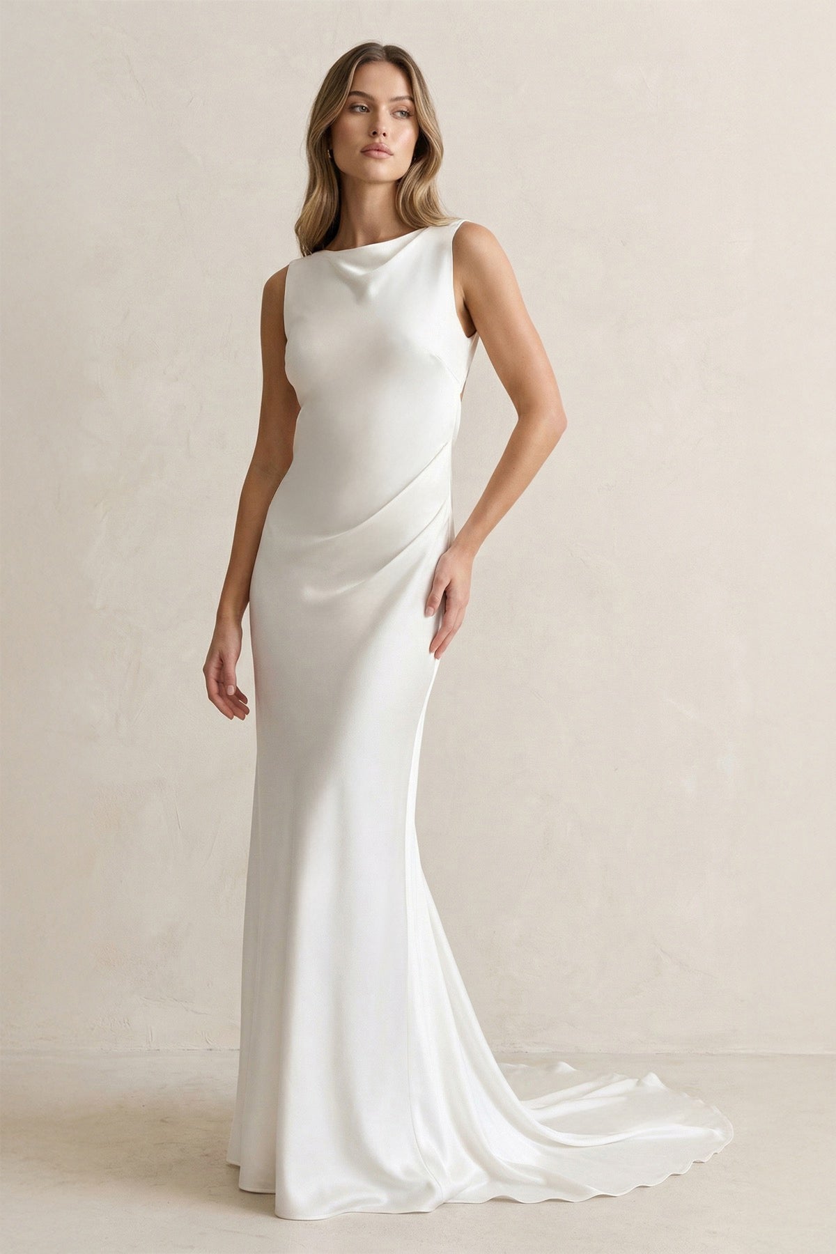 Bateau Neck Satin Mermaid Wedding Dress in White - Curvevia