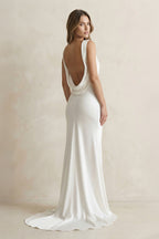 Bateau Neck Satin Mermaid Wedding Dress in White - Curvevia