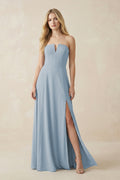 Strapless A-Line Chiffon Bridesmaid Dress With Slit in Dusty Blue - Curvevia