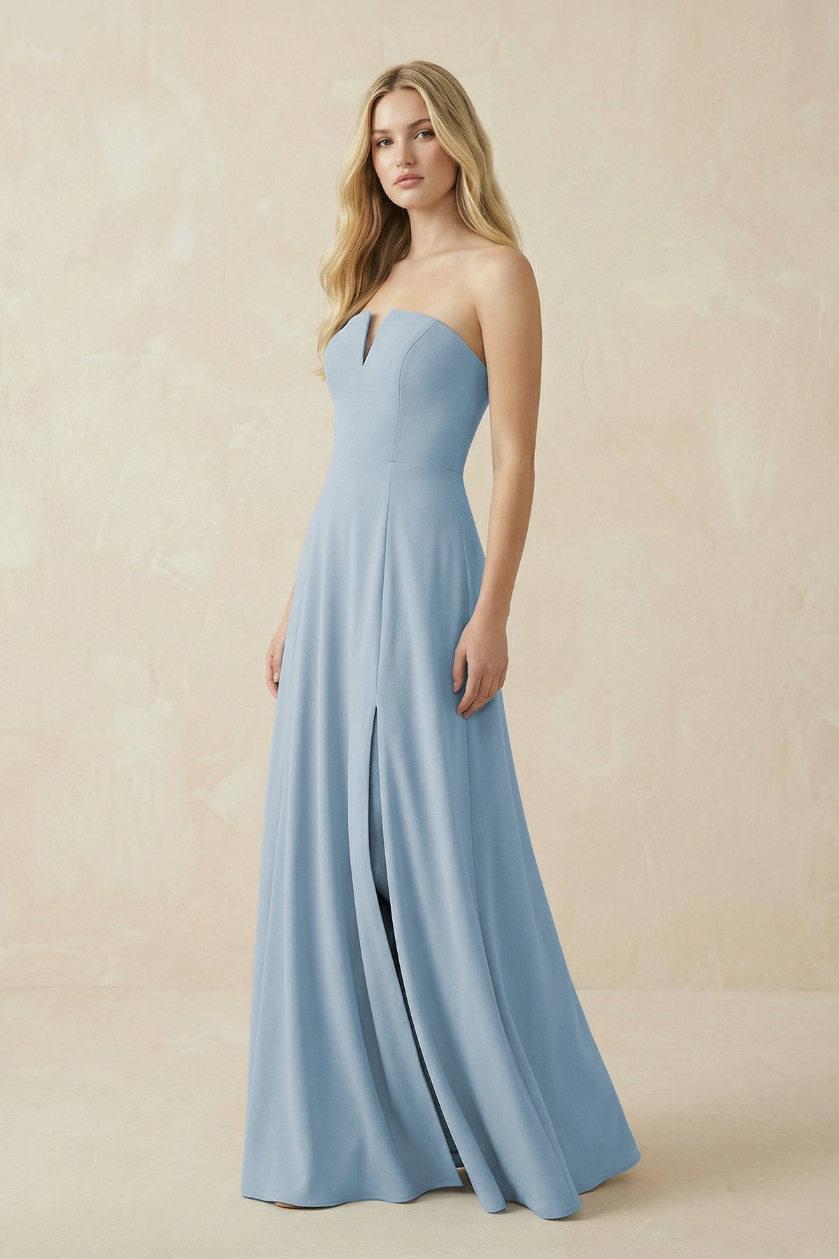 Strapless A-Line Chiffon Bridesmaid Dress With Slit in Dusty Blue - Curvevia