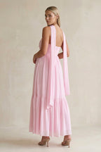 Strapless A-Line Chiffon Ruffled Bridesmaid Dress With Ribbon in Candy Pink - Curvevia