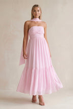 Strapless A-Line Chiffon Ruffled Bridesmaid Dress With Ribbon in Candy Pink - Curvevia