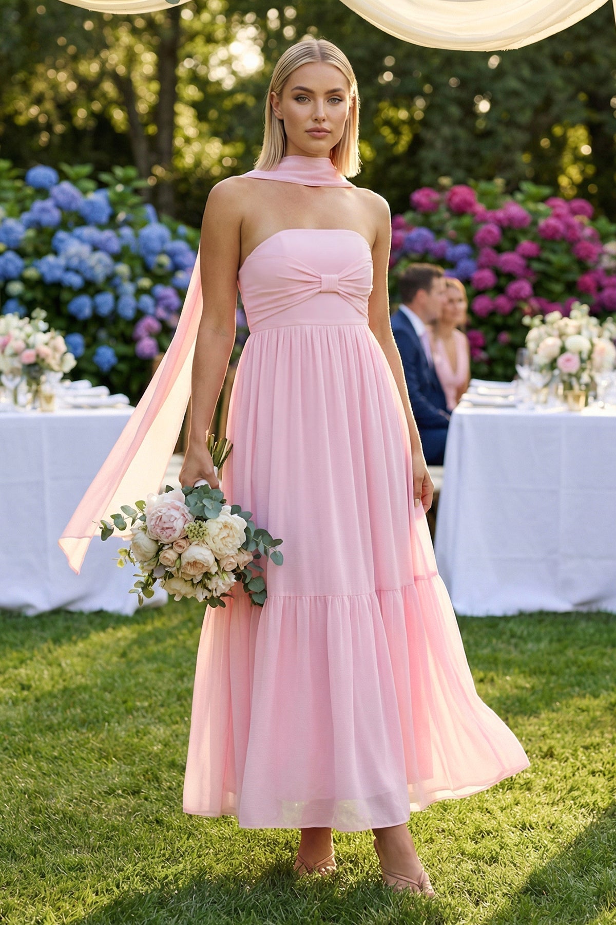 Strapless A-Line Chiffon Ruffled Bridesmaid Dress With Ribbon in Candy Pink - Curvevia