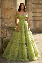 A Line Off the Shoulder Tulle Wedding Guest Dress - Curvevia