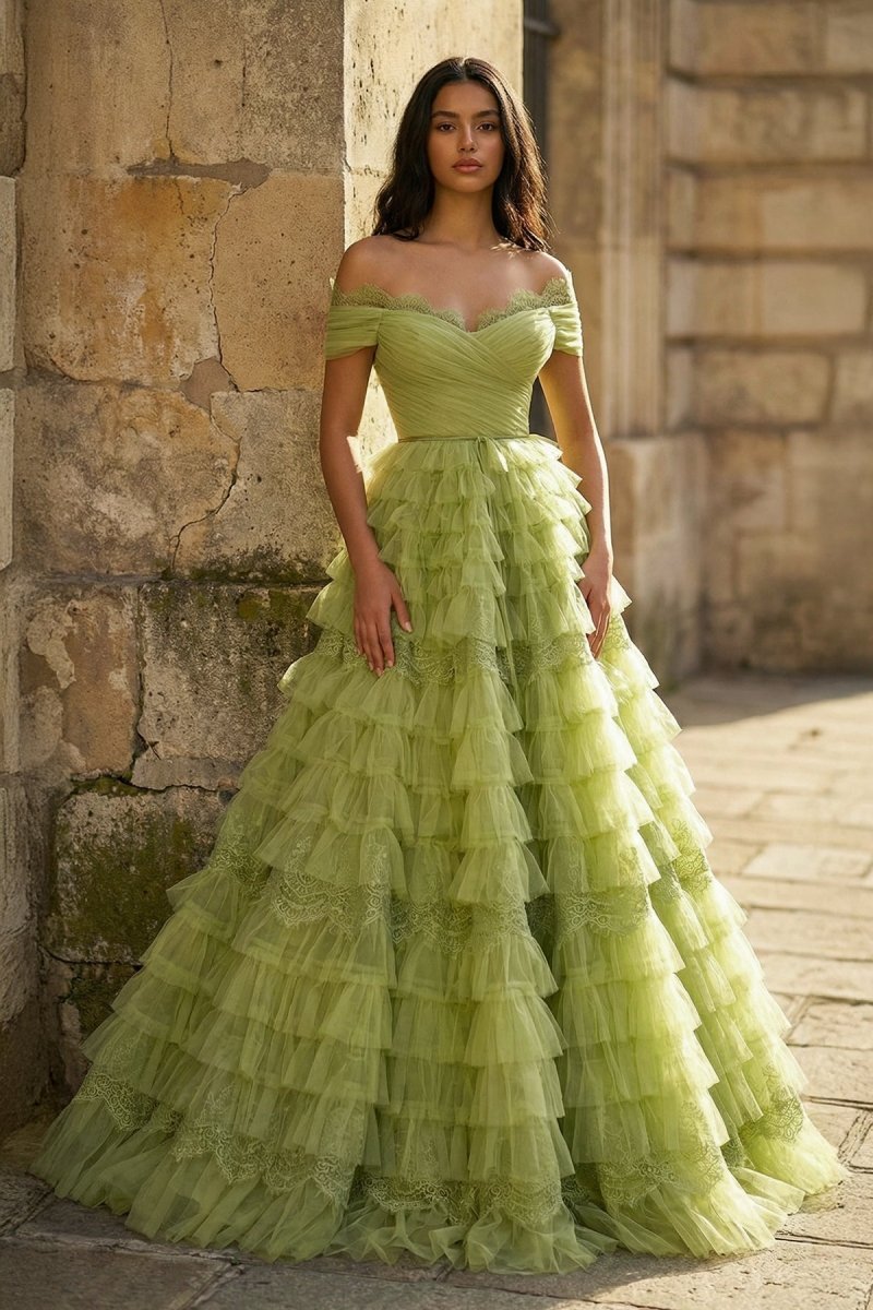 A Line Off the Shoulder Tulle Wedding Guest Dress - Curvevia