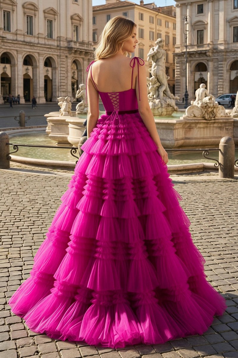 A Line Strapless Fuchsia Tiered Long Tulle Evening Dress - Curvevia