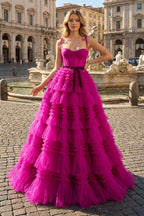 A Line Strapless Fuchsia Tiered Long Tulle Evening Dress - Curvevia
