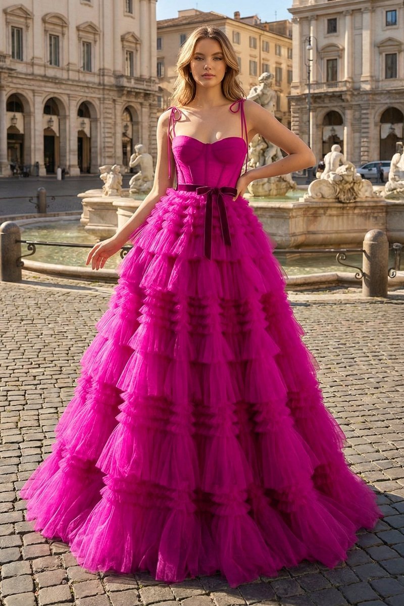 A Line Strapless Fuchsia Tiered Long Tulle Evening Dress - Curvevia