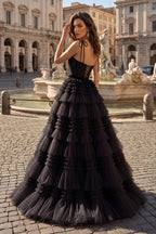 A Line Strapless Fuchsia Tiered Long Tulle Evening Dress - Curvevia