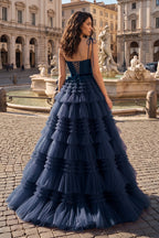 A Line Strapless Fuchsia Tiered Long Tulle Evening Dress - Curvevia