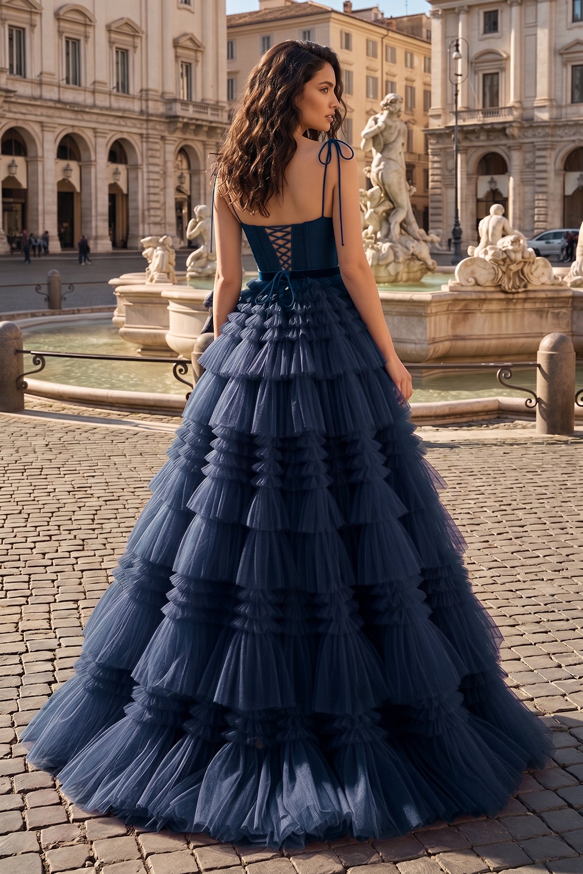 A Line Strapless Fuchsia Tiered Long Tulle Evening Dress - Curvevia