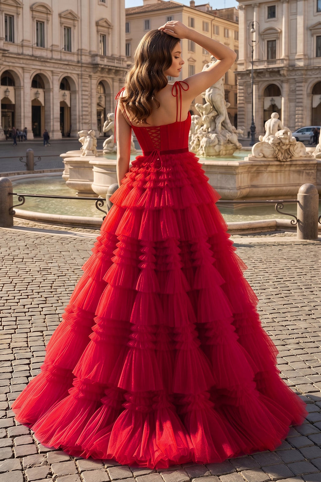 A Line Strapless Fuchsia Tiered Long Tulle Evening Dress - Curvevia