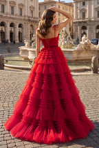 A Line Strapless Fuchsia Tiered Long Tulle Evening Dress - Curvevia