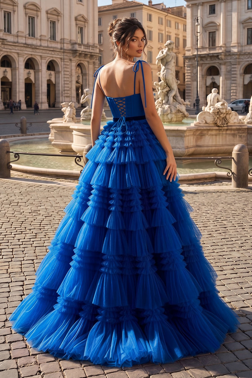 A Line Strapless Fuchsia Tiered Long Tulle Evening Dress - Curvevia