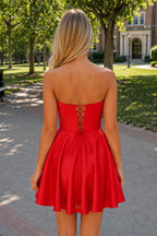 A-Line Strapless Satin Wedding Guest Dress with Pockets - Curvevia