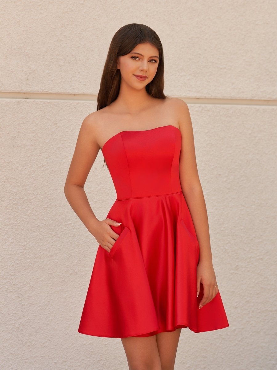 A-Line Strapless Satin Wedding Guest Dress with Pockets - Curvevia