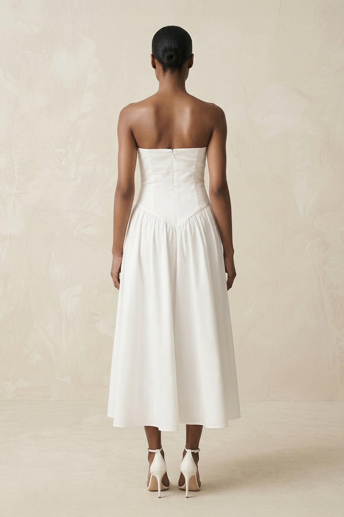Strapless A-Line Satin Midi Wedding Dress in White - Curvevia