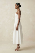 Strapless A-Line Satin Midi Wedding Dress in White - Curvevia