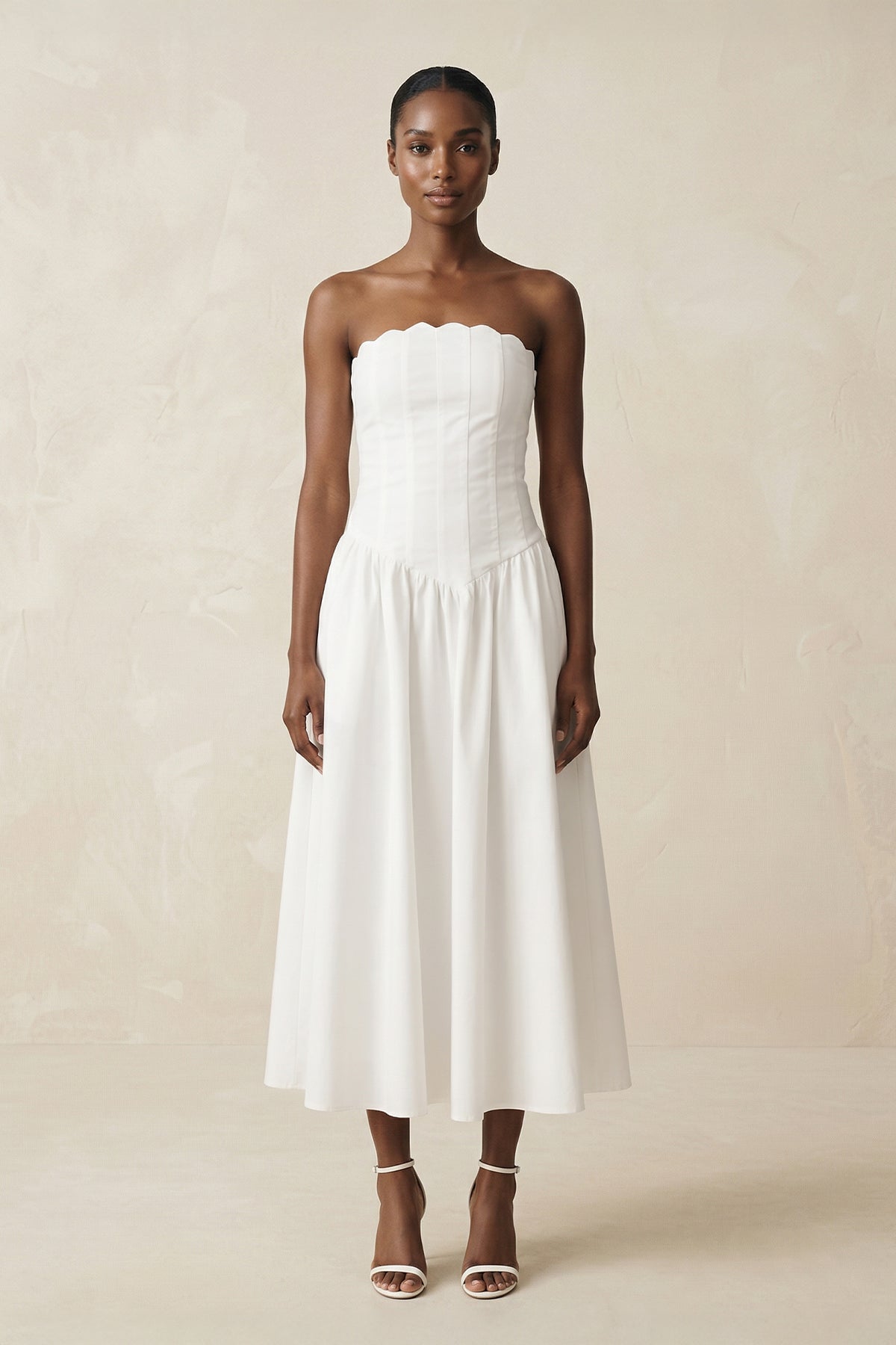 Strapless A-Line Satin Midi Wedding Dress in White - Curvevia