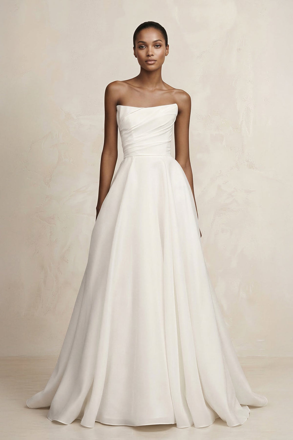 Strapless A-Line Satin Ruched Wedding Dress in Ivory - Curvevia