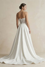 Strapless A-Line Satin Ruched Wedding Dress in White - Curvevia