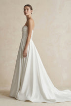 Strapless A-Line Satin Ruched Wedding Dress in White - Curvevia