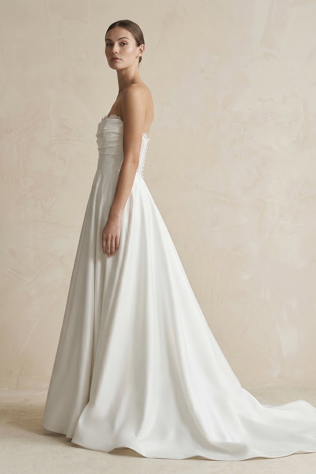 Strapless A-Line Satin Ruched Wedding Dress in White - Curvevia