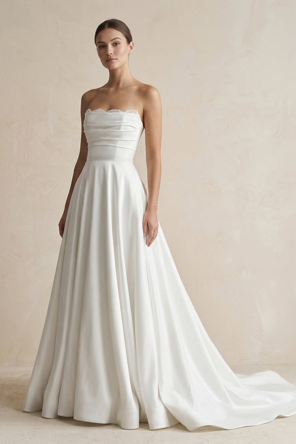 Strapless A-Line Satin Ruched Wedding Dress in White - Curvevia