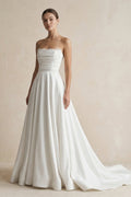 Strapless A-Line Satin Ruched Wedding Dress in White - Curvevia