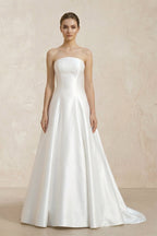 Strapless A-Line Satin Ruched Wedding Dress With Lace Appliques in White - Curvevia