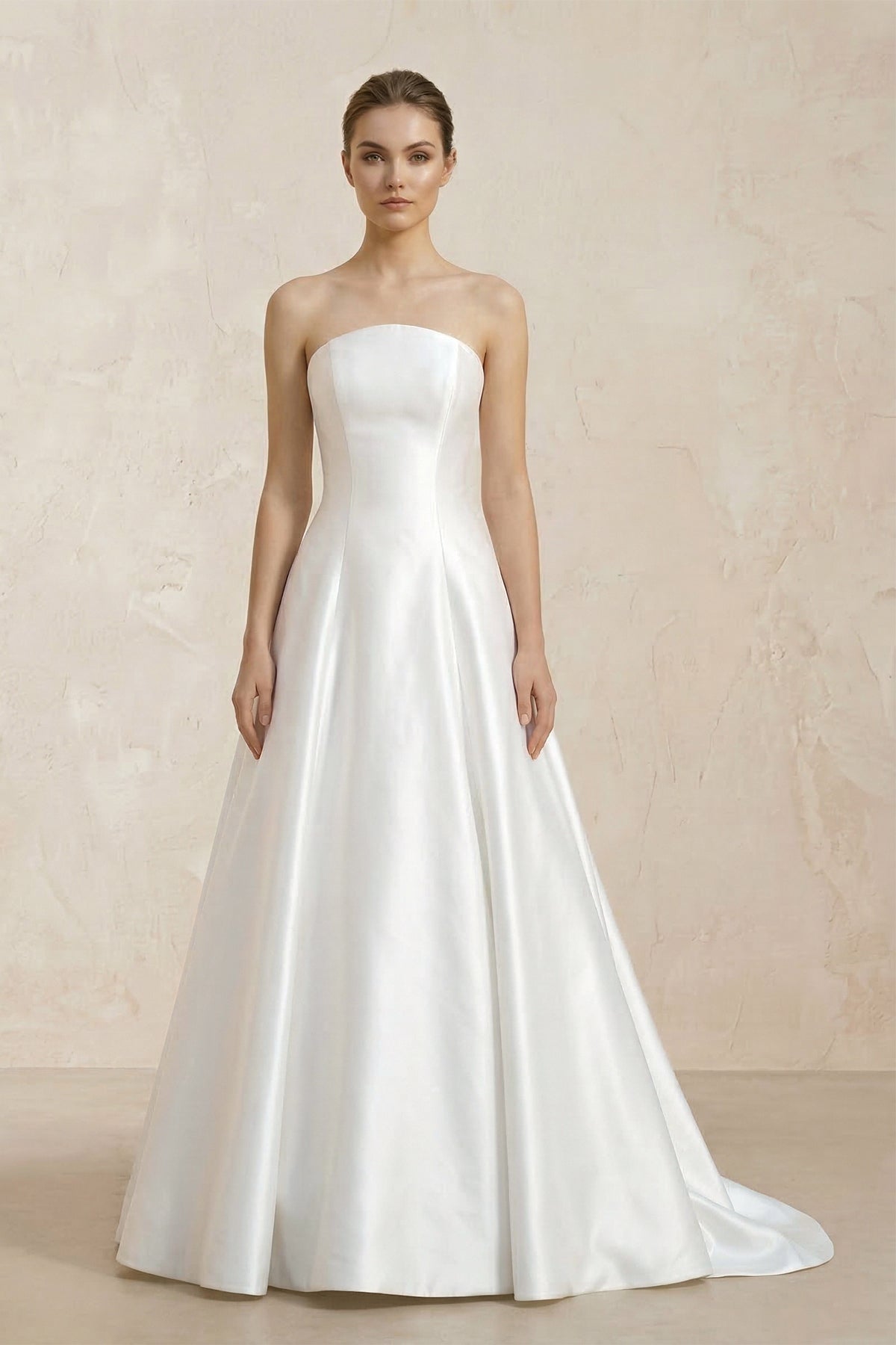 Strapless A-Line Satin Ruched Wedding Dress With Lace Appliques in White - Curvevia