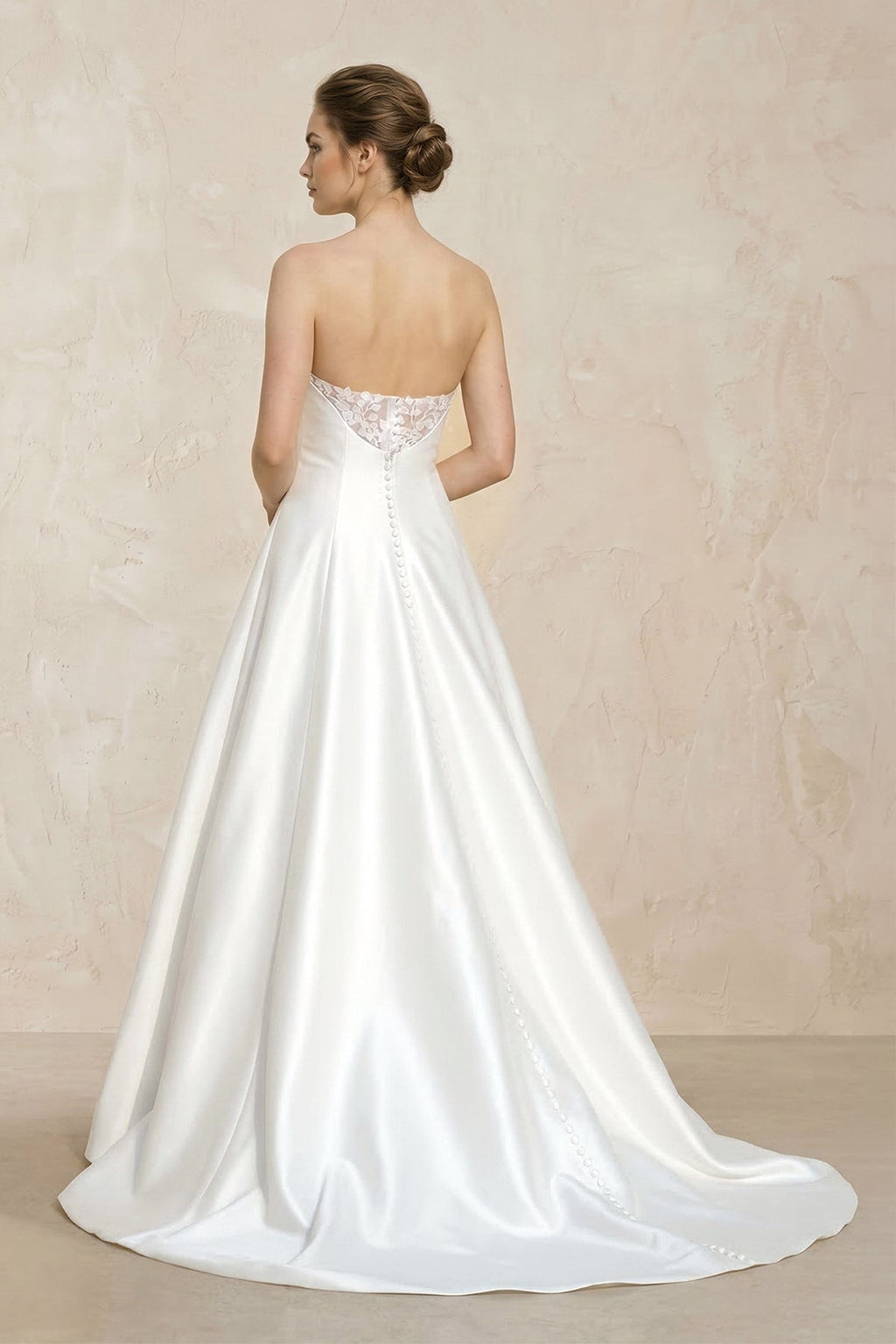 Strapless A-Line Satin Ruched Wedding Dress With Lace Appliques in White - Curvevia
