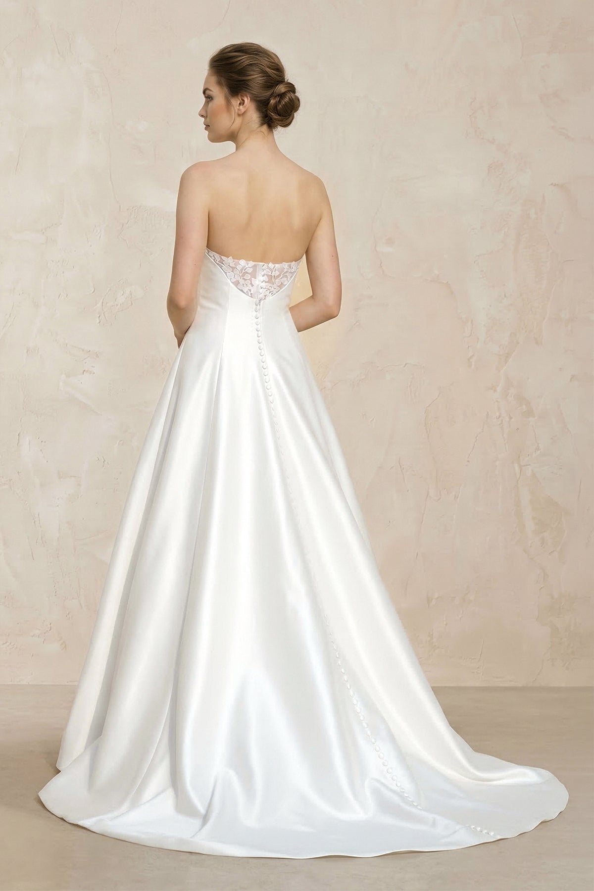 Strapless A-Line Satin Ruched Wedding Dress With Lace Appliques in White - Curvevia