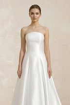 Strapless A-Line Satin Ruched Wedding Dress With Lace Appliques in White - Curvevia