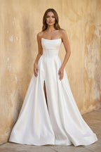 White Strapless Satin A-Line Wedding Dresses - Curvevia