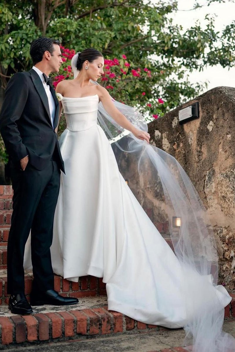 White Strapless Satin A-Line Wedding Dresses - Curvevia