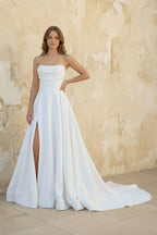 Strapless Sleeveless  Sweep Train Satin Wedding Dresses With Split Front - Curvevia