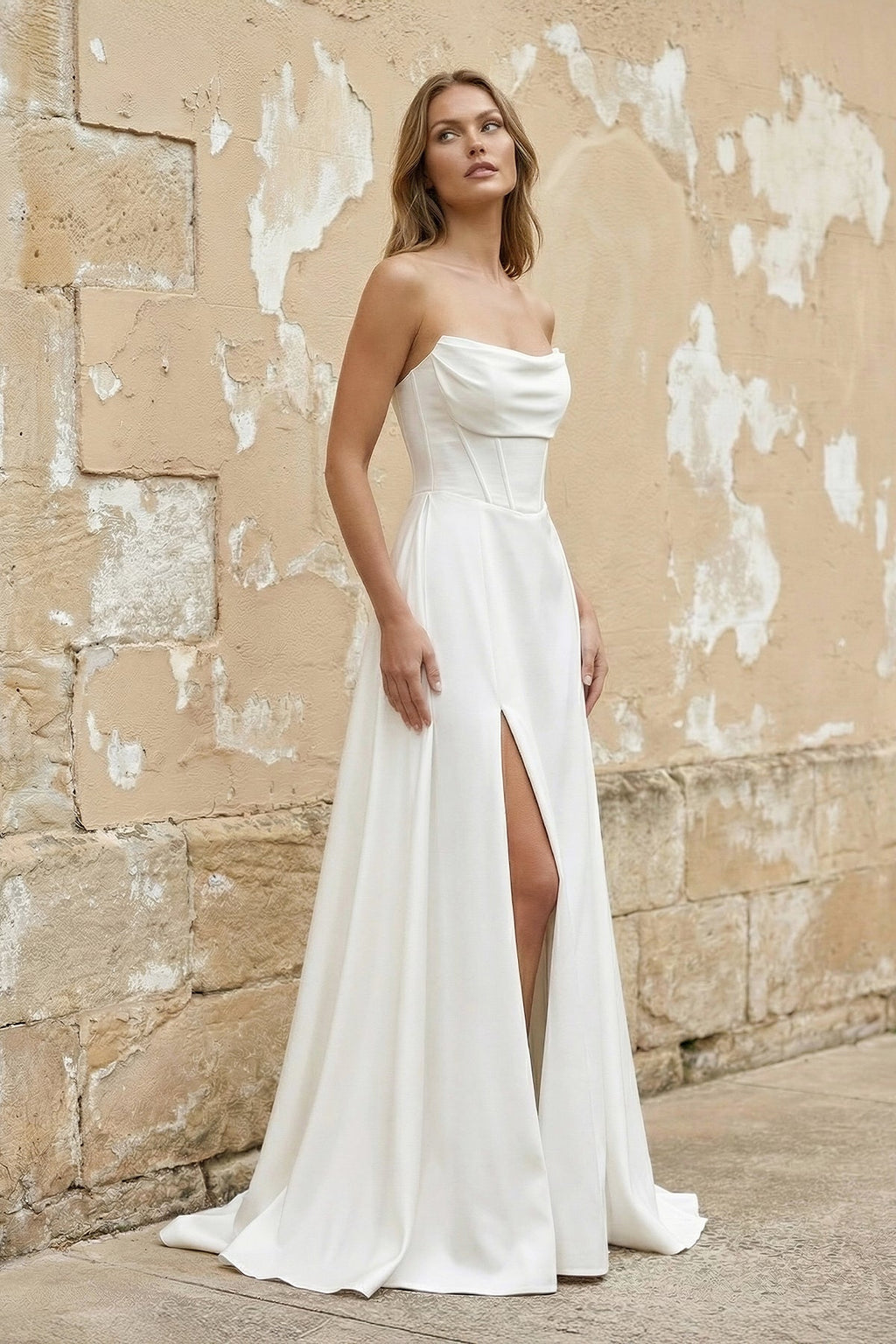 Sheath Strapless White Satin Wedding Dresses with Slit - Curvevia