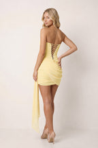 Strapless Basque Waist Sheath Ruched Chiffon Homecoming Dress With Ribbon - Curvevia