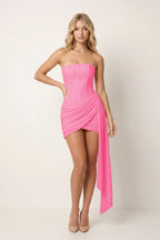 Strapless Basque Waist Sheath Ruched Chiffon Homecoming Dress With Ribbon - Curvevia