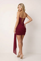 Strapless Basque Waist Sheath Ruched Chiffon Homecoming Dress With Ribbon - Curvevia