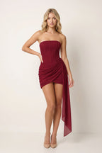 Strapless Basque Waist Sheath Ruched Chiffon Homecoming Dress With Ribbon - Curvevia